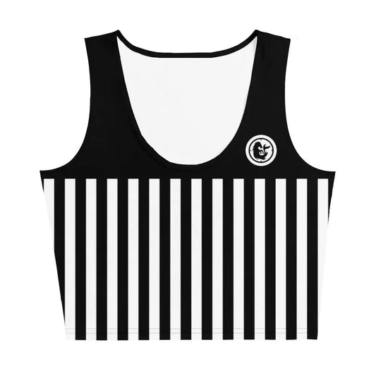 Black and white striped crop tank top with a round neckline and logo made by Maris Equi.