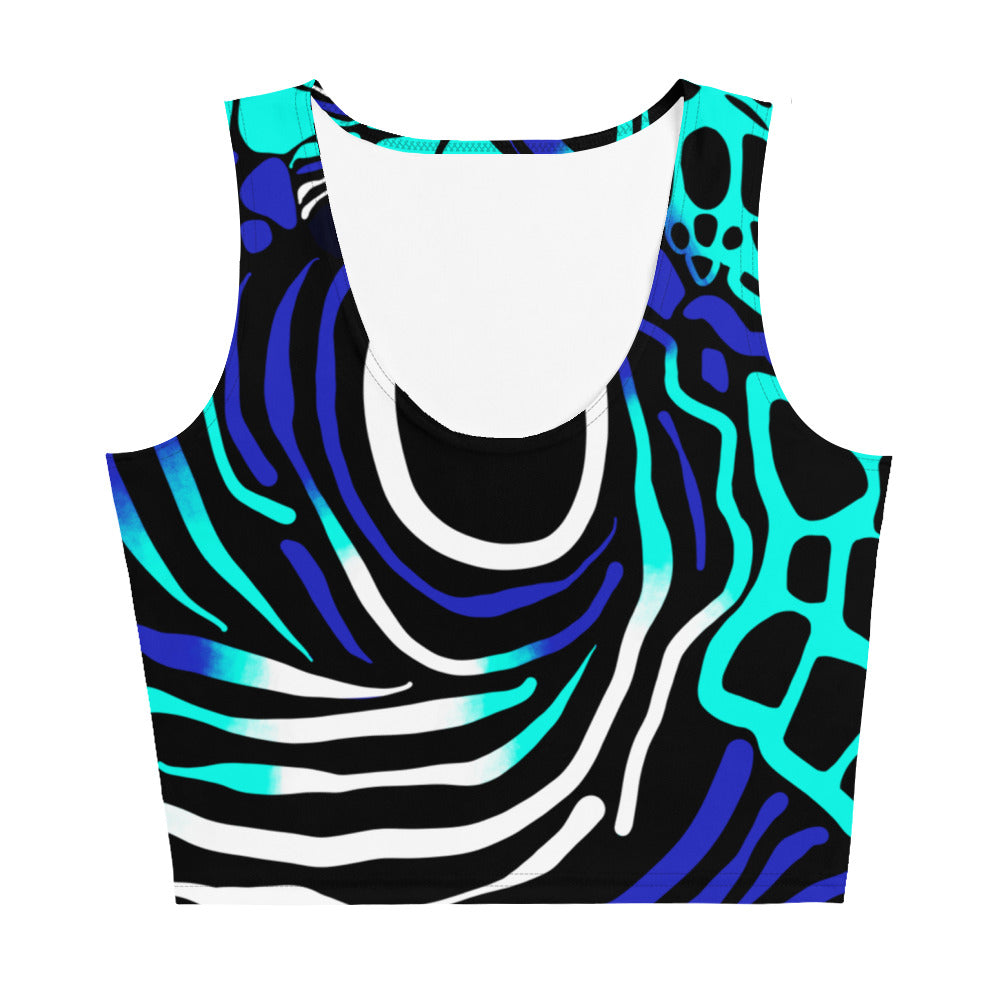 Men's crop tank top by Maris Equi featuring a vibrant abstract pattern in teal black and white made from soft fabric.