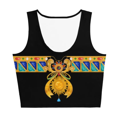 Black crop tank top with colorful bejeweled design featuring a sun motif by Maris Equi.