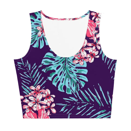 Floral men's crop tank top by Maris Equi in purple with tropical leaves and flowers made from lightweight fabric.