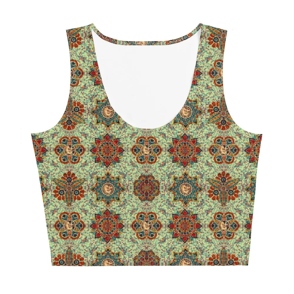 Colorful mosaic pattern crop top tank by Maris Equi featuring a scoop neckline and wide straps made from soft fabric.