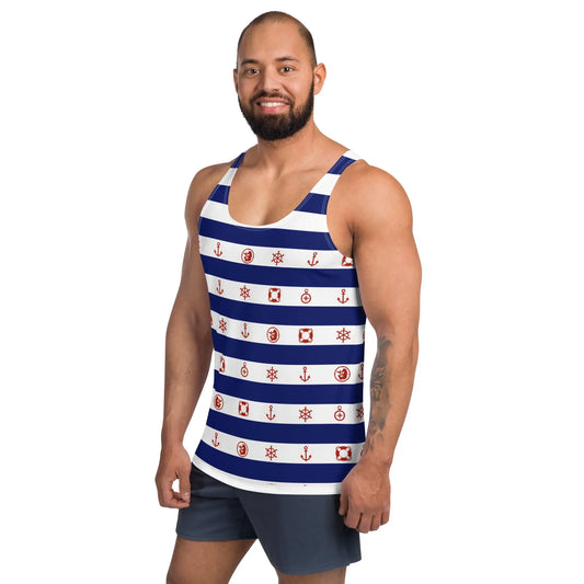 Men's tank top by Maris Equi featuring navy and white stripes with nautical symbols made from lightweight fabric shown on a model.