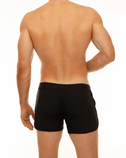 Black along slit swim short athletic shorts with sleek form fitting design for active swimwear use