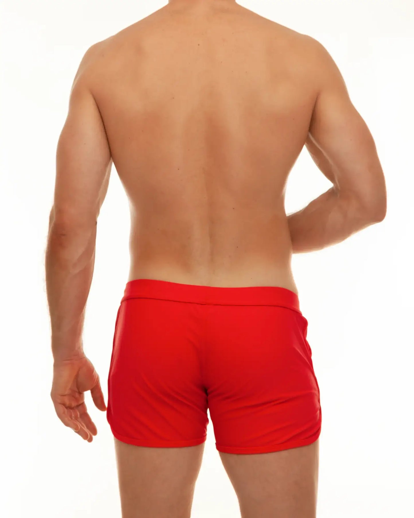 Bright red along slit swim short with form-fitting smooth fabric finish ideal for swimming and beachwear