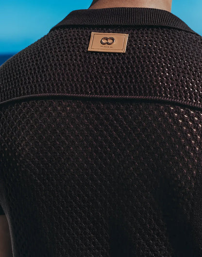 Amafi knit shirt black textured knit polo with tan leather patch and interlocking double o logo