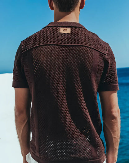 Amafi knit shirt brown textured knit polo shirt with subtle woven pattern and small leather brand tag at collar