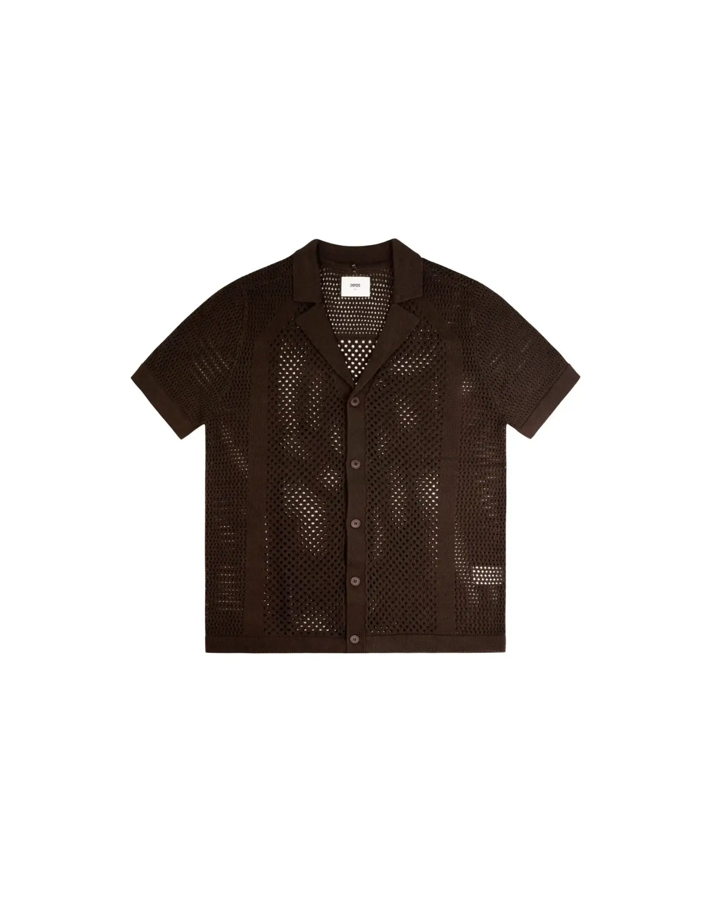 A dark brown amafi knit shirt with short sleeves a perforated knit pattern and a classic collar