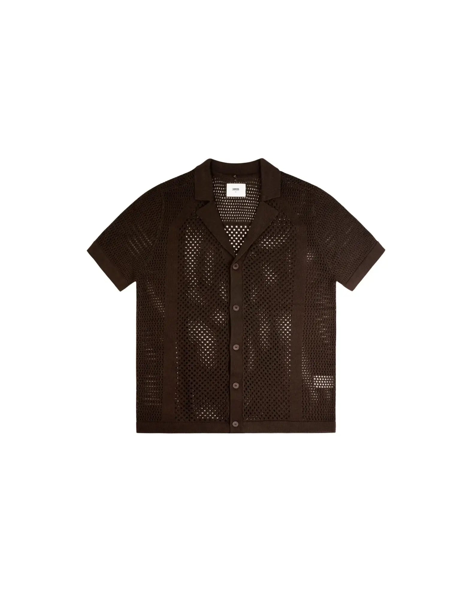 A dark brown amafi knit shirt with short sleeves a perforated knit pattern and a classic collar