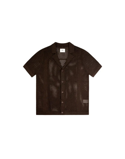 A dark brown amafi knit shirt with short sleeves a perforated knit pattern and a classic collar