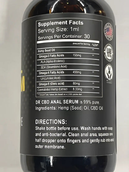 Dark amber glass bottle of dr cbd anal serum with black label, white text, american flag, containing 95% pure hemp seed oil