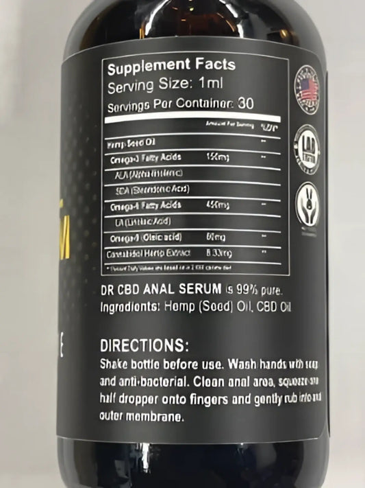 Dark amber glass bottle of dr cbd anal serum with black label, white text, american flag, containing 95% pure hemp seed oil