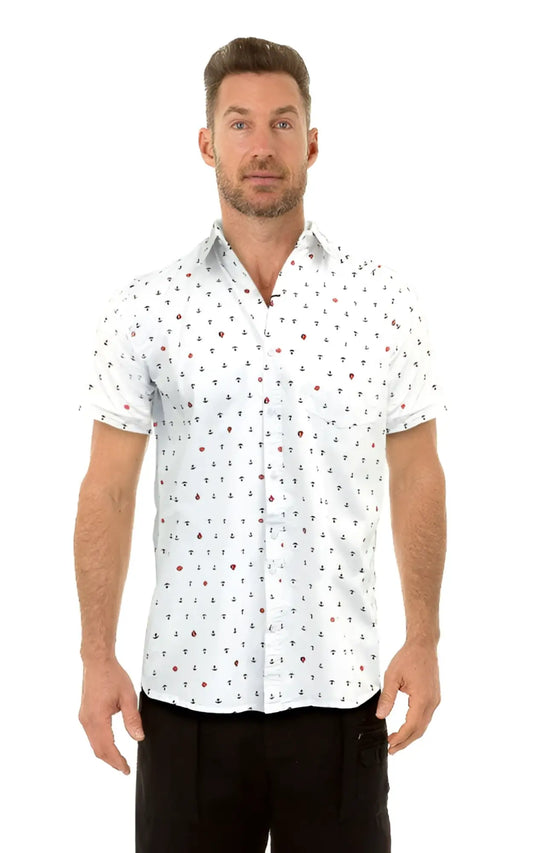 White anchor s s shirt with subtle small anchor and red dot pattern perfect for casual summer wear