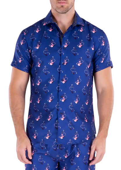 Blue short-sleeved button-up anchoring in hawaii s s shirt with pink and white floral pattern perfect for summer wear