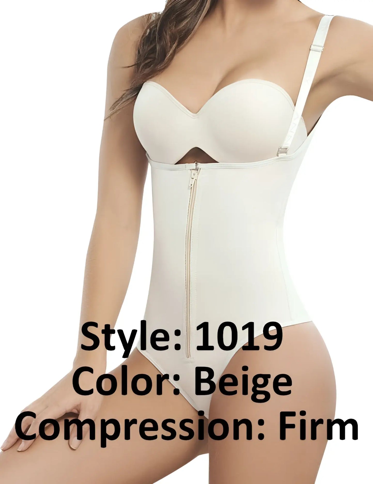 Ann Chery 1019 Powernet beige compression bodysuit with firm support front zipper and thin shoulder straps