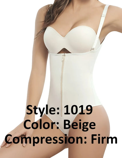 Ann Chery 1019 Powernet beige compression bodysuit with firm support front zipper and thin shoulder straps