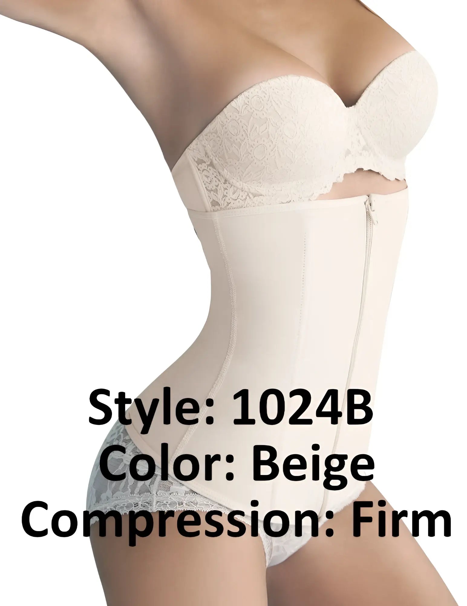 Beige Ann Chery 1024B powernet girdle firm compression corset with lace trim and front zipper closure