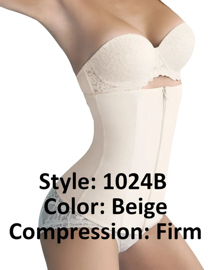Beige Ann Chery 1024B powernet girdle firm compression corset with lace trim and front zipper closure