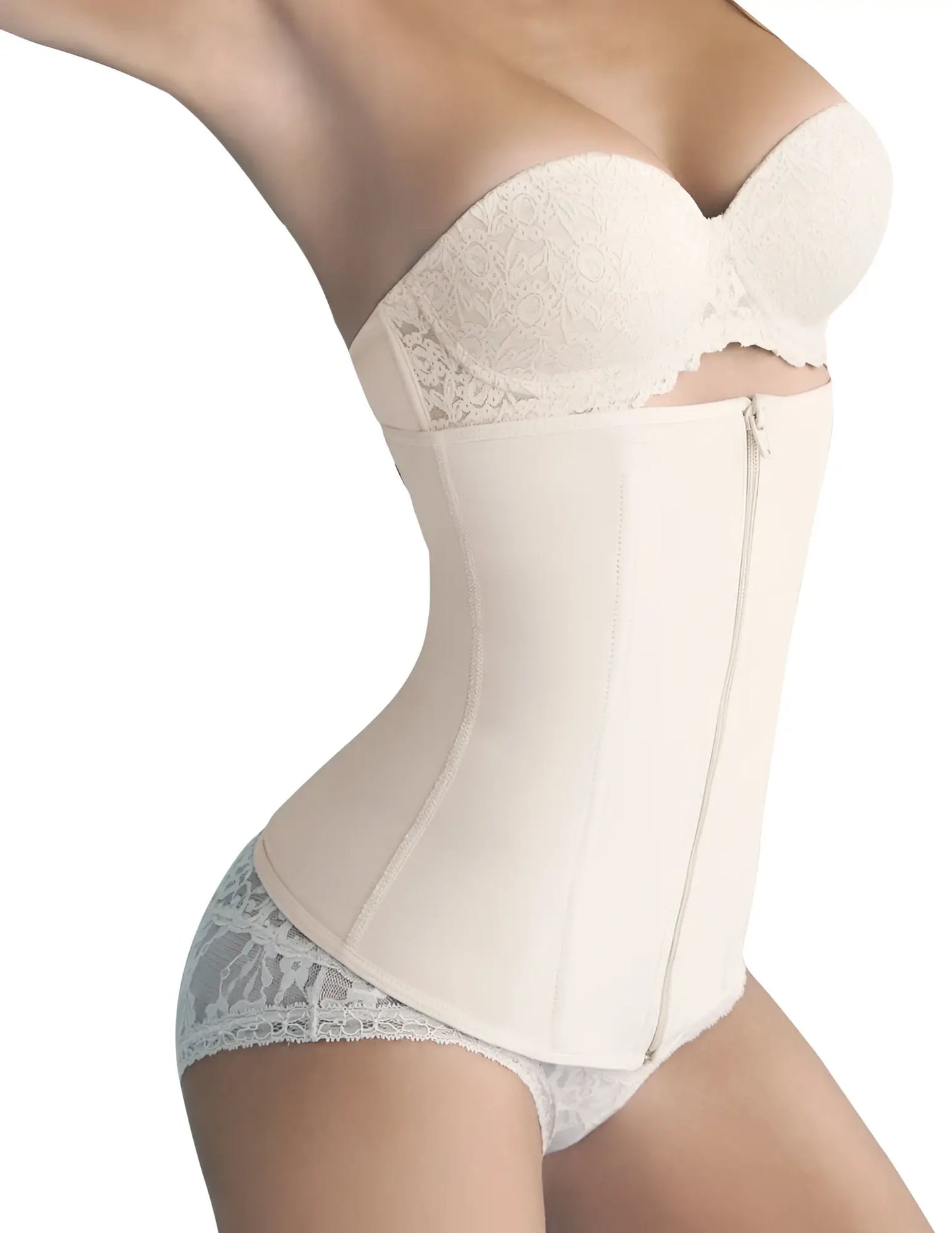 Beige Ann Chery 1024B powernet girdle with zipper featuring lace trim and structured corset panels
