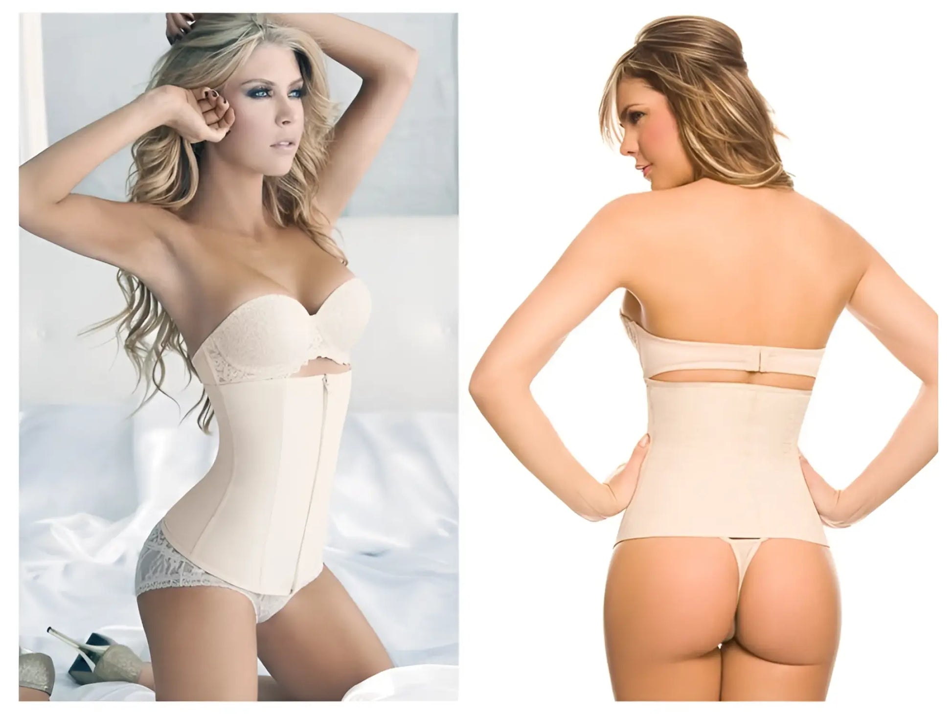 Beige ann chery 1024b powernet strapless waist cincher with lace trim and front zipper for shaping and support