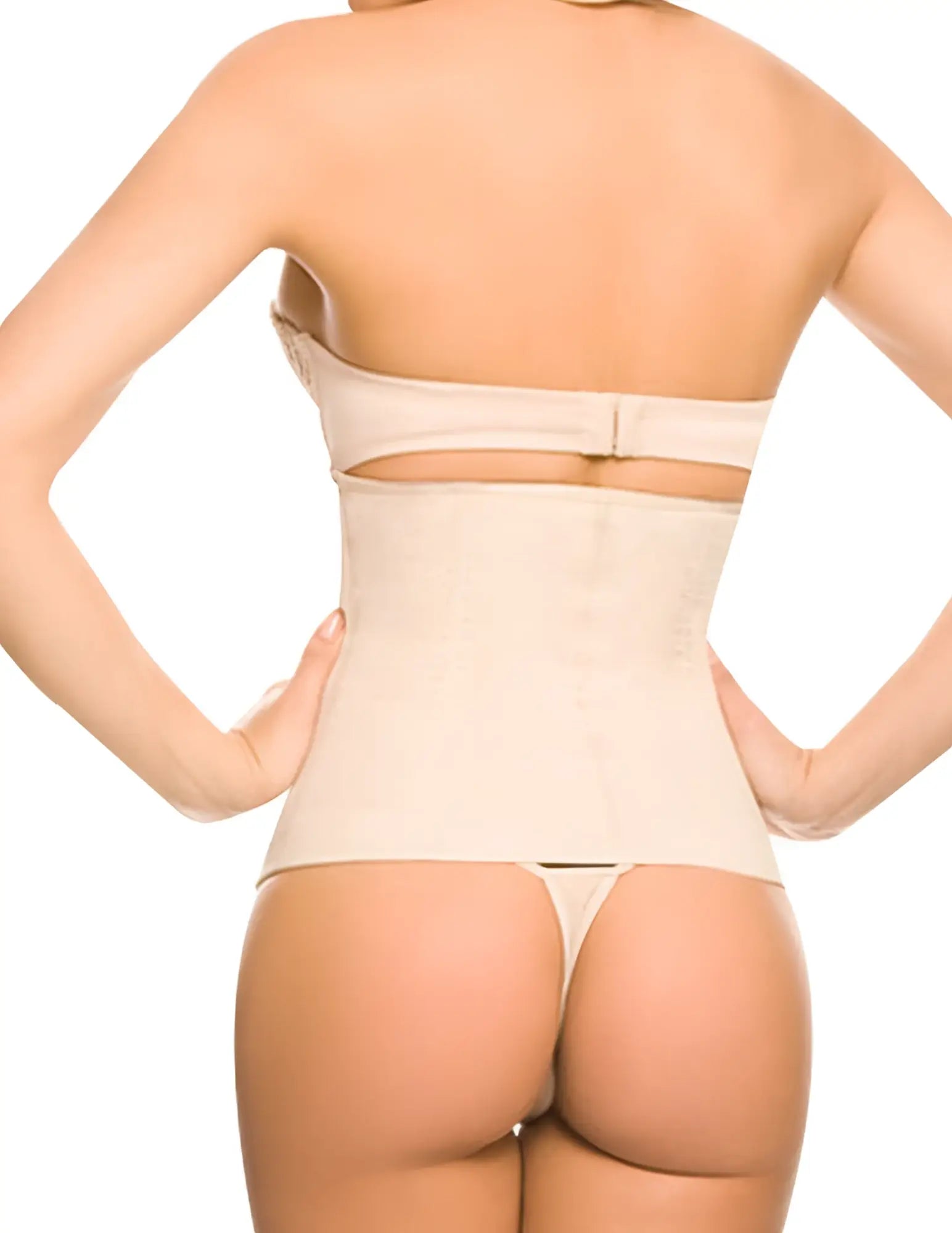 Beige ann chery 1024b powernet girdle with zipper showing back side waist cincher and thong-style bottom strap