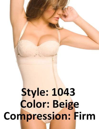 Beige firm compression body shaper with lace trim and front zipper made of powernet by ann chery 1043 fiorell