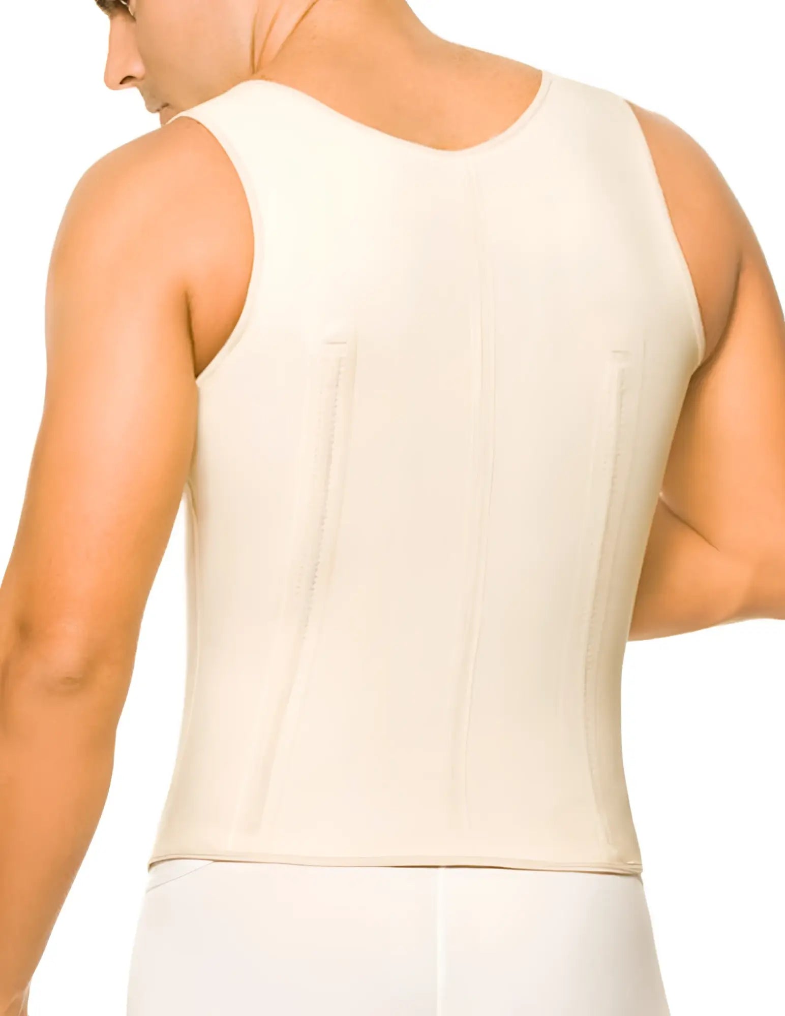 Cream-colored ann chery 2033 latex men girdle body shaper features a form-fitting sleeveless corset with vertical seams and rounded neckline