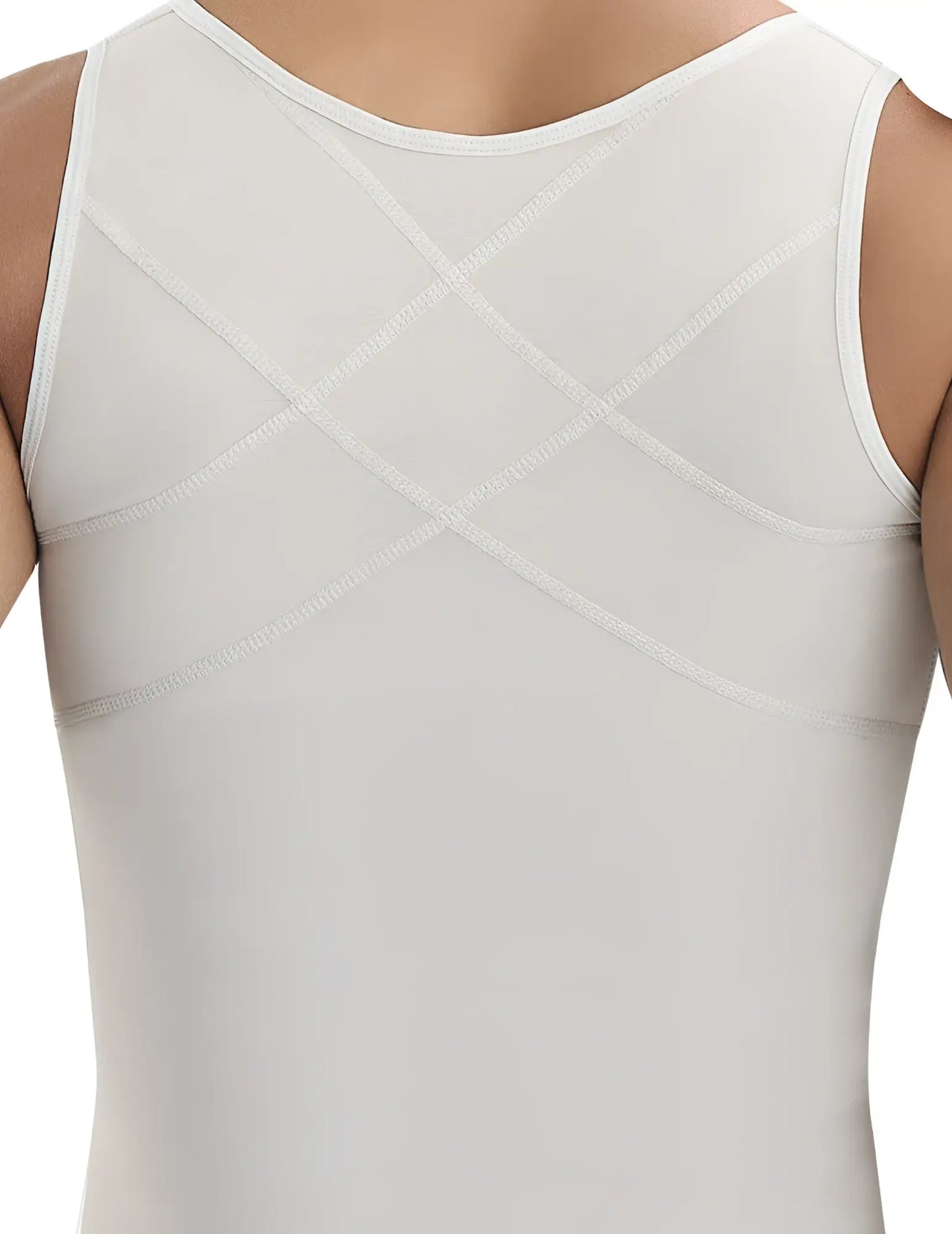 White sleeveless beige latex ann chery 2034 men girdle body shaper with subtle crisscross stitching on the back