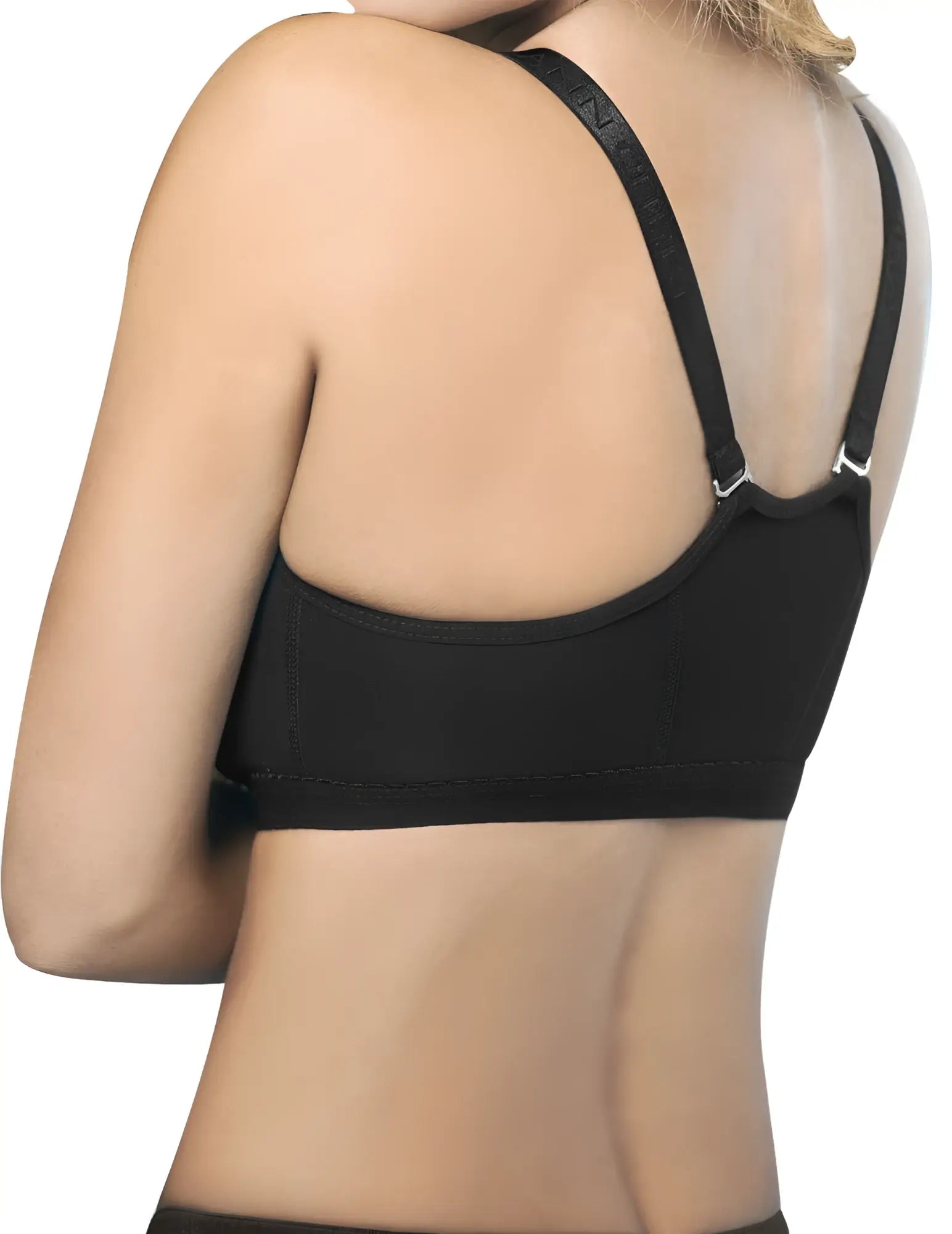 Black ann chery 3004 powernet brassiere with adjustable straps and seamless back design shown from back side