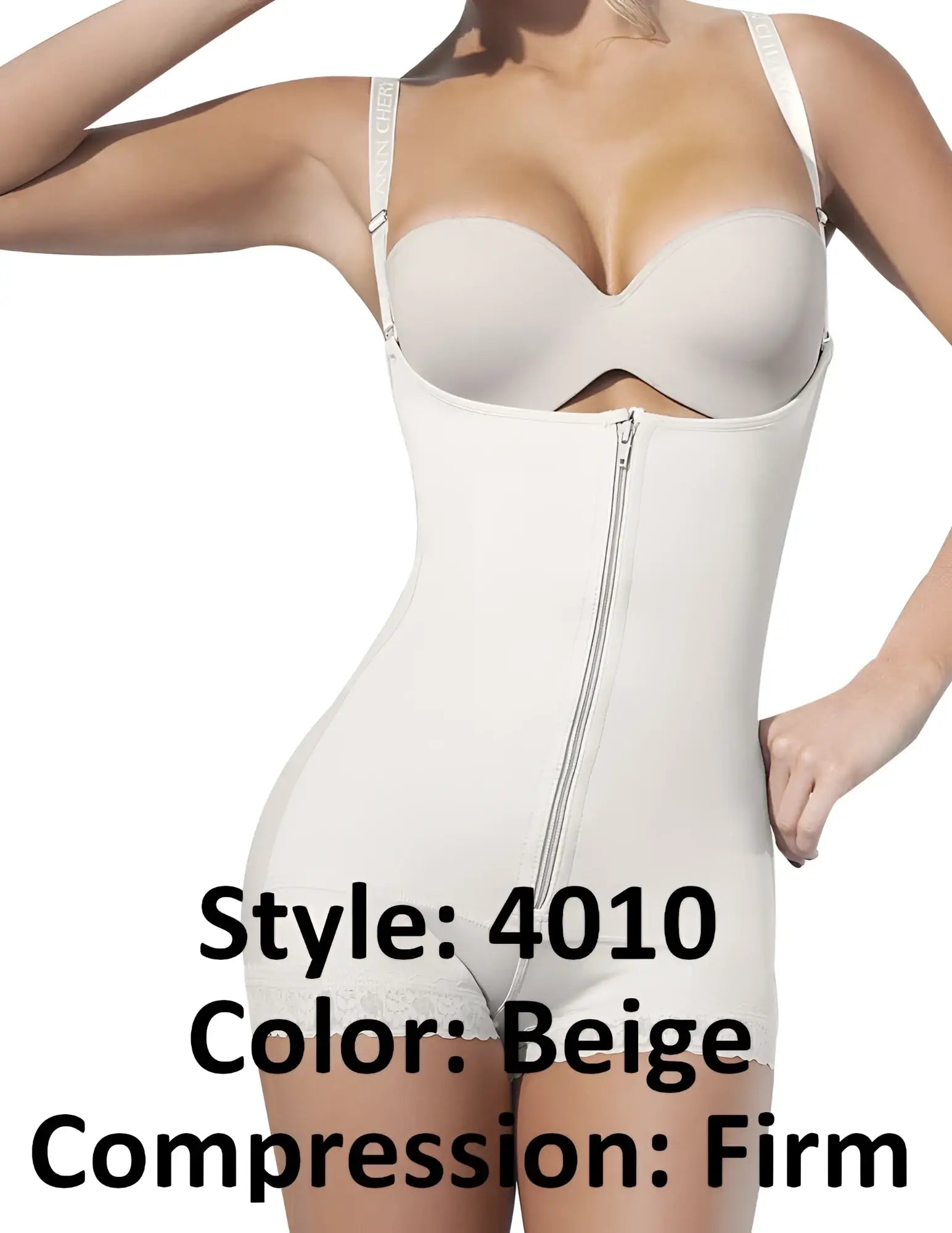 Beige ann chery 4010 latex body aide firm compression body shaper with front zipper and lace trim at hem