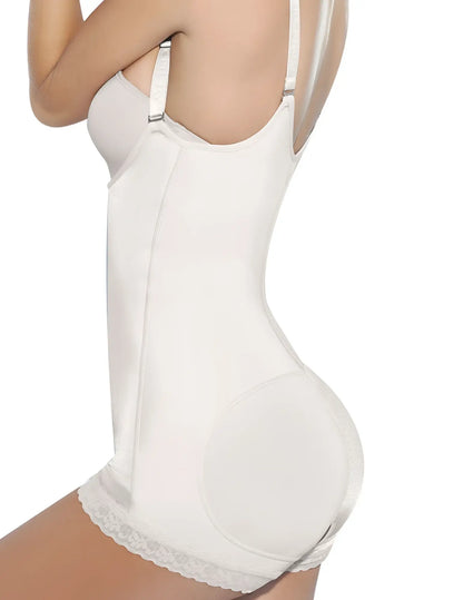 Ann chery 4010 beige latex body aide with white lace trim adjustable straps and smooth form fitting design