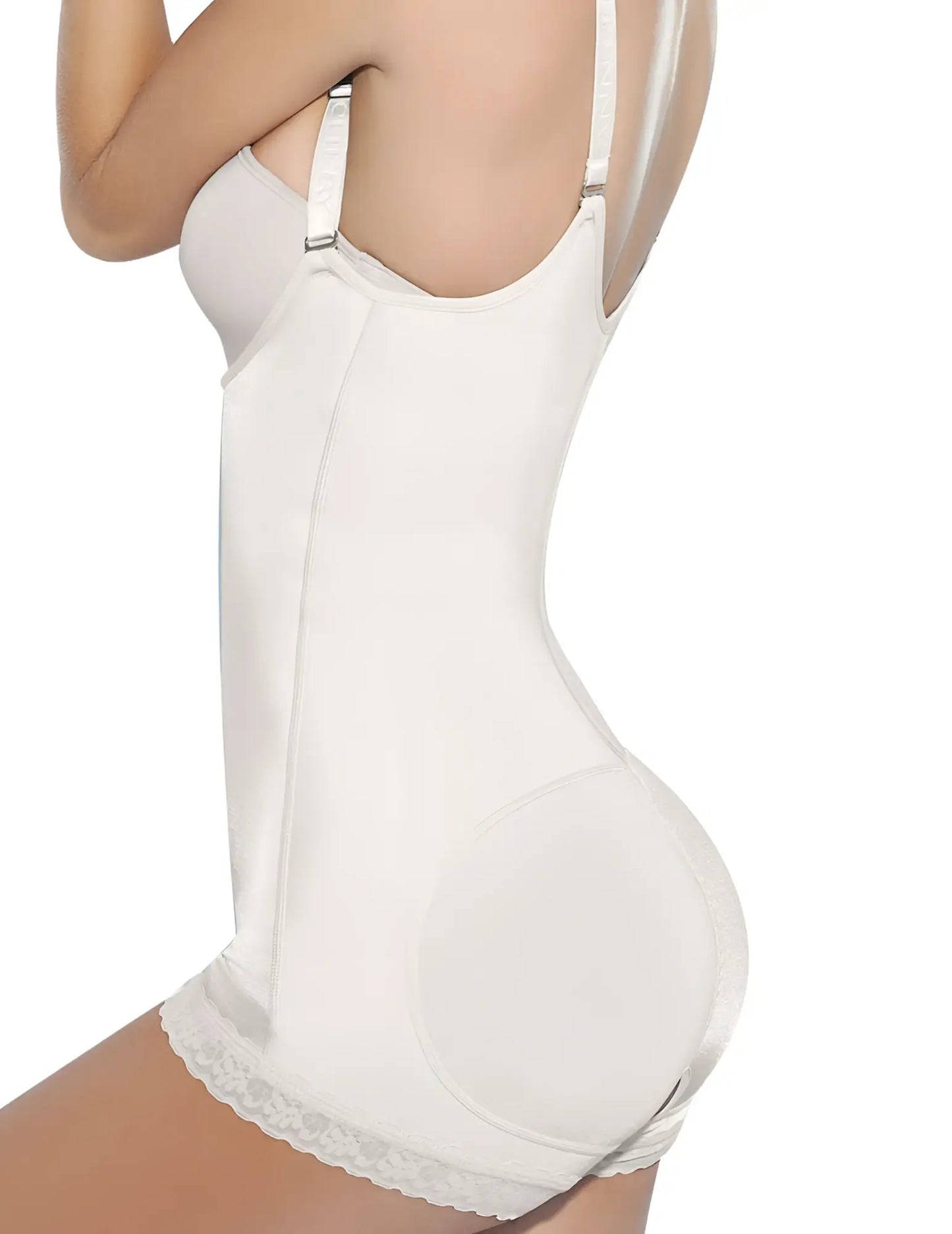 White seamless ann chery 4010 latex body aide beige with lace trim at hem and adjustable straps