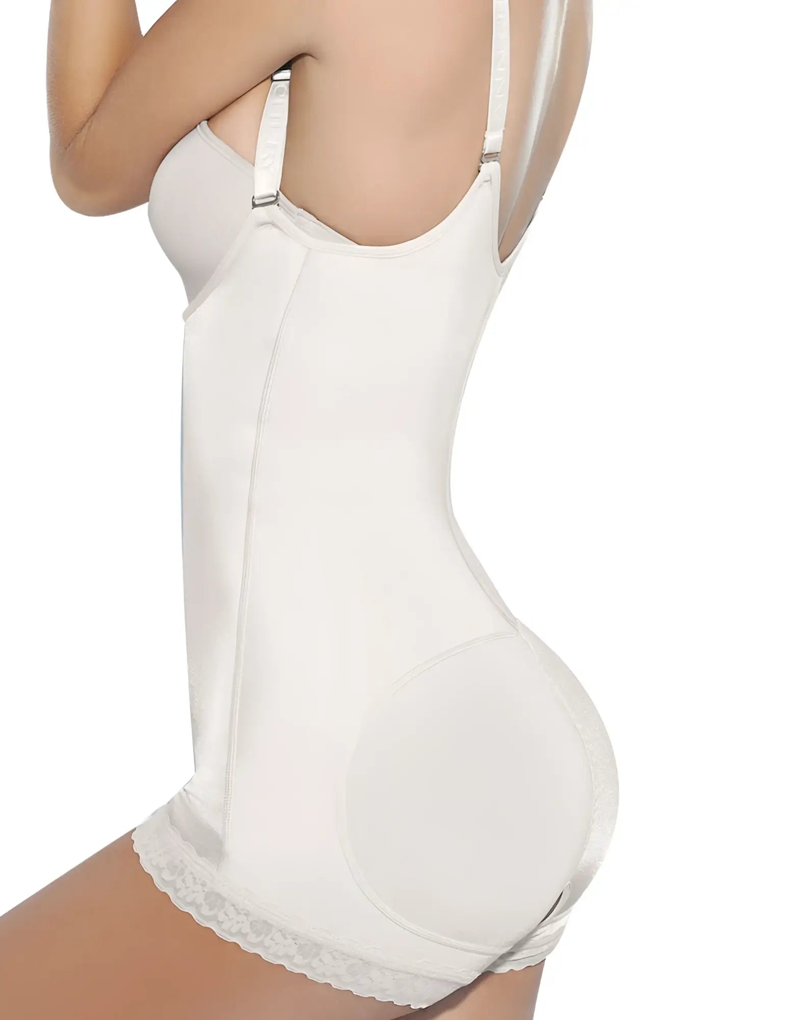 White seamless ann chery 4010 latex body aide beige with lace trim at hem and adjustable straps
