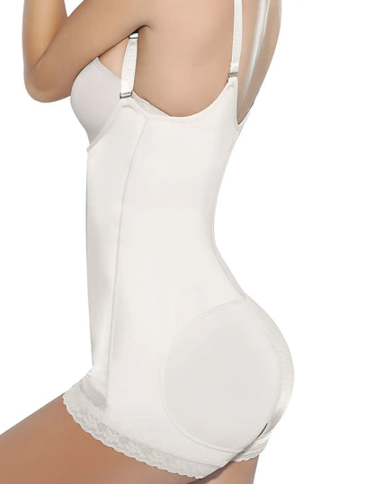White seamless ann chery 4010 latex body aide beige with lace trim at hem and adjustable straps