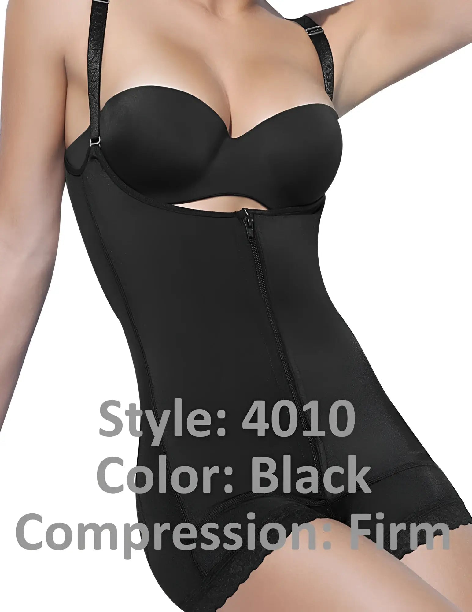 Ann chery 4010 black latex body aide firm compression shaper with lace trim and adjustable straps front view