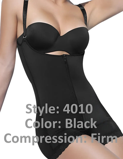 Ann chery 4010 black latex body aide firm compression shaper with lace trim and adjustable straps front view