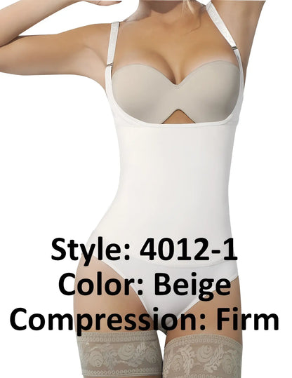Beige Ann Chery 4012-1 latex body bikini firm compression shaper with lace trim at legs and white adjustable straps