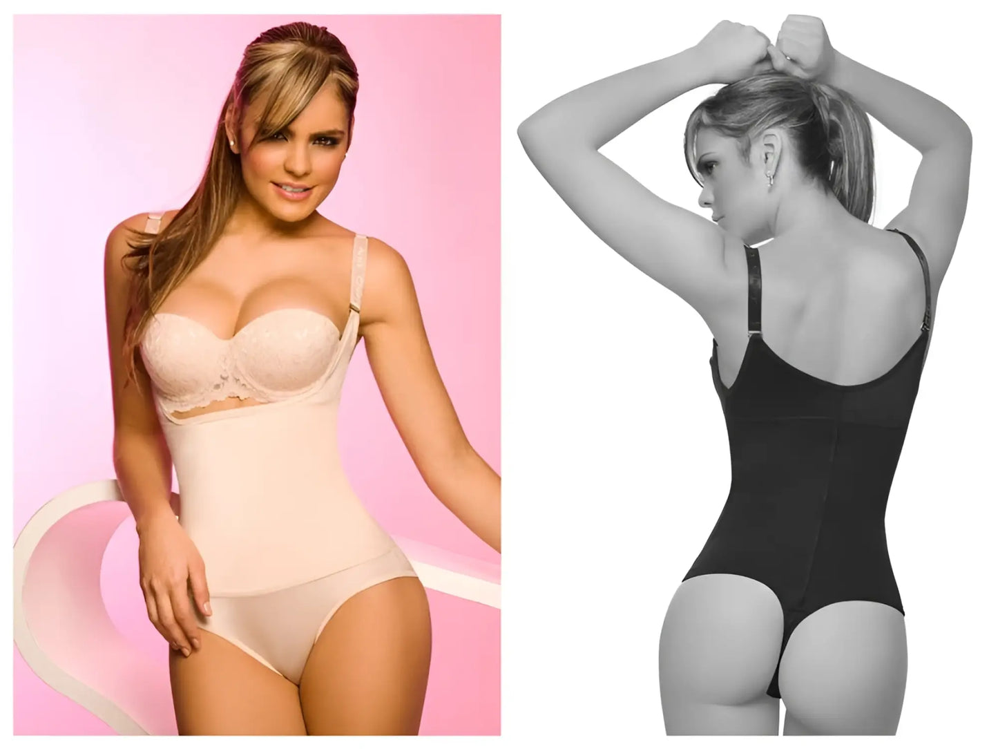 Beige lace-trimmed seamless shapewear bodysuit with adjustable straps by ann chery 4012-1 latex body bikini