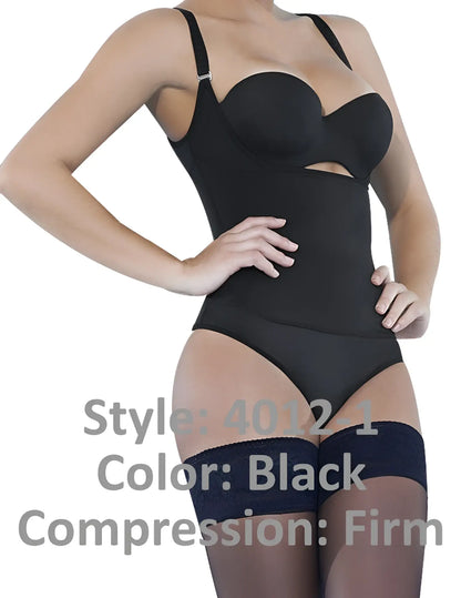 Ann chery 4012-1 black latex firm compression bodysuit with supportive straps and seamless form-fitting design
