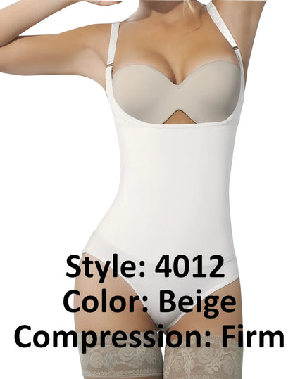 Beige Ann Chery 4012 latex body thong with firm compression, lace trim hem, and white adjustable straps