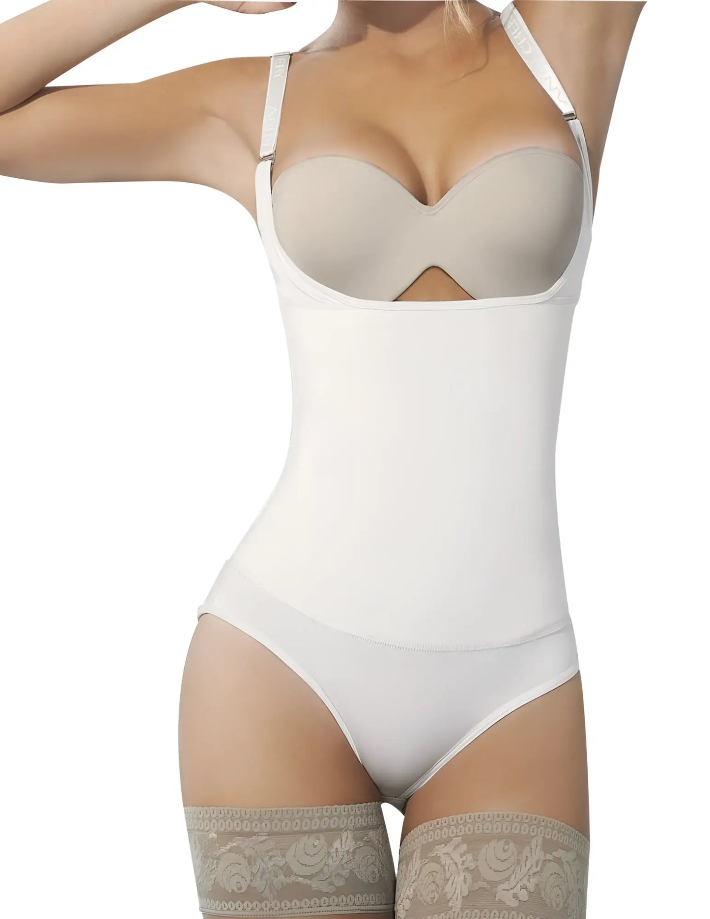 Ann chery 4012 beige latex body thong with adjustable straps white seamless shapewear bodysuit and lace-trimmed cuffs