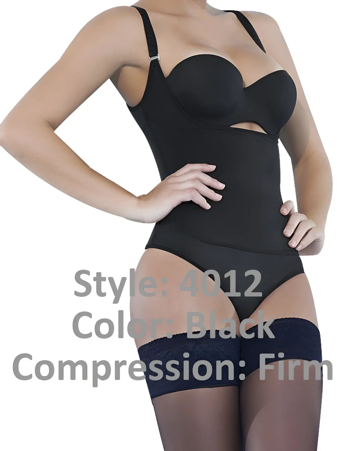 Ann Chery 4012 black latex body thong with sweetheart neckline and adjustable straps for firm compression support