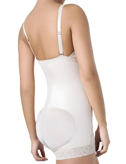 White ann chery 4013 latex shirly strapless shapewear with lace trim and padded back design in beige shown from back