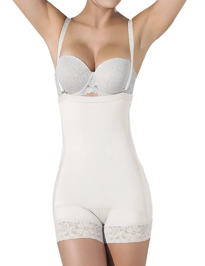 Ann Chery 4013 beige latex strapless shapewear with white lace trim and silver patterned bra cups seamless design