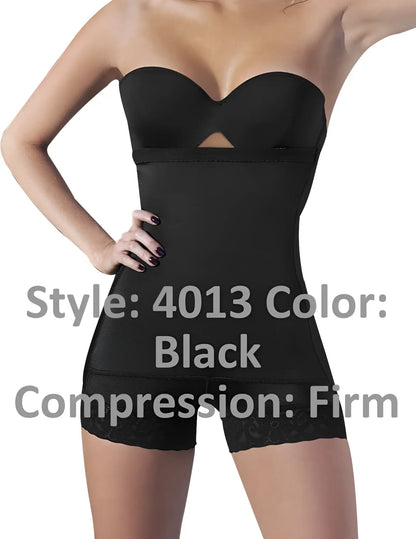 Ann chery 4013 latex shirly strapless shapewear in black with firm compression and lace trim at the hem
