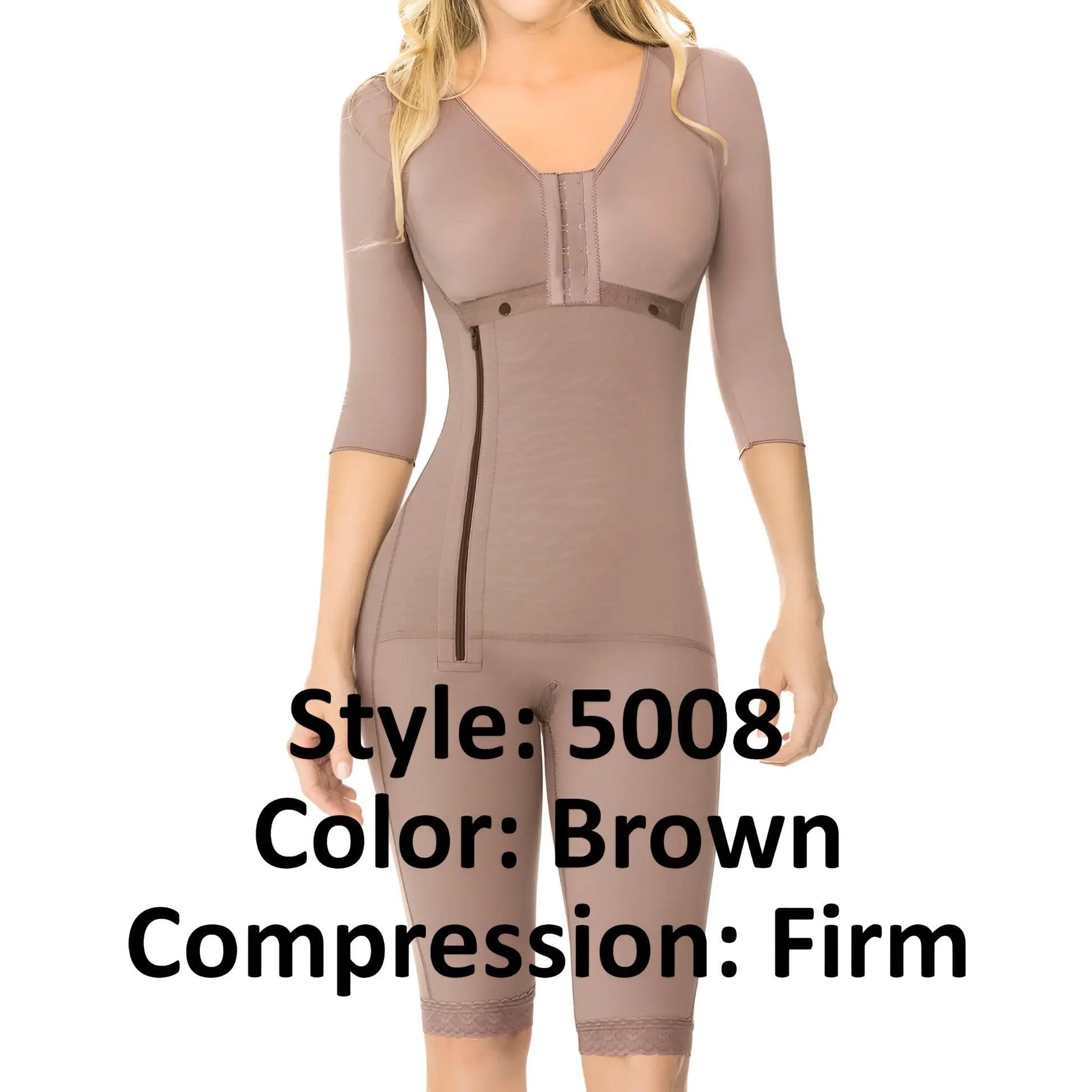 Brown firm compression bodysuit with three-quarter sleeves and lace trim at the hem by ann chery powernet