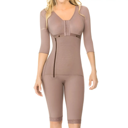 Ann chery 5008 powernet renata brown shapewear with taupe form-fitting body shaper three-quarter sleeves lace trim hem