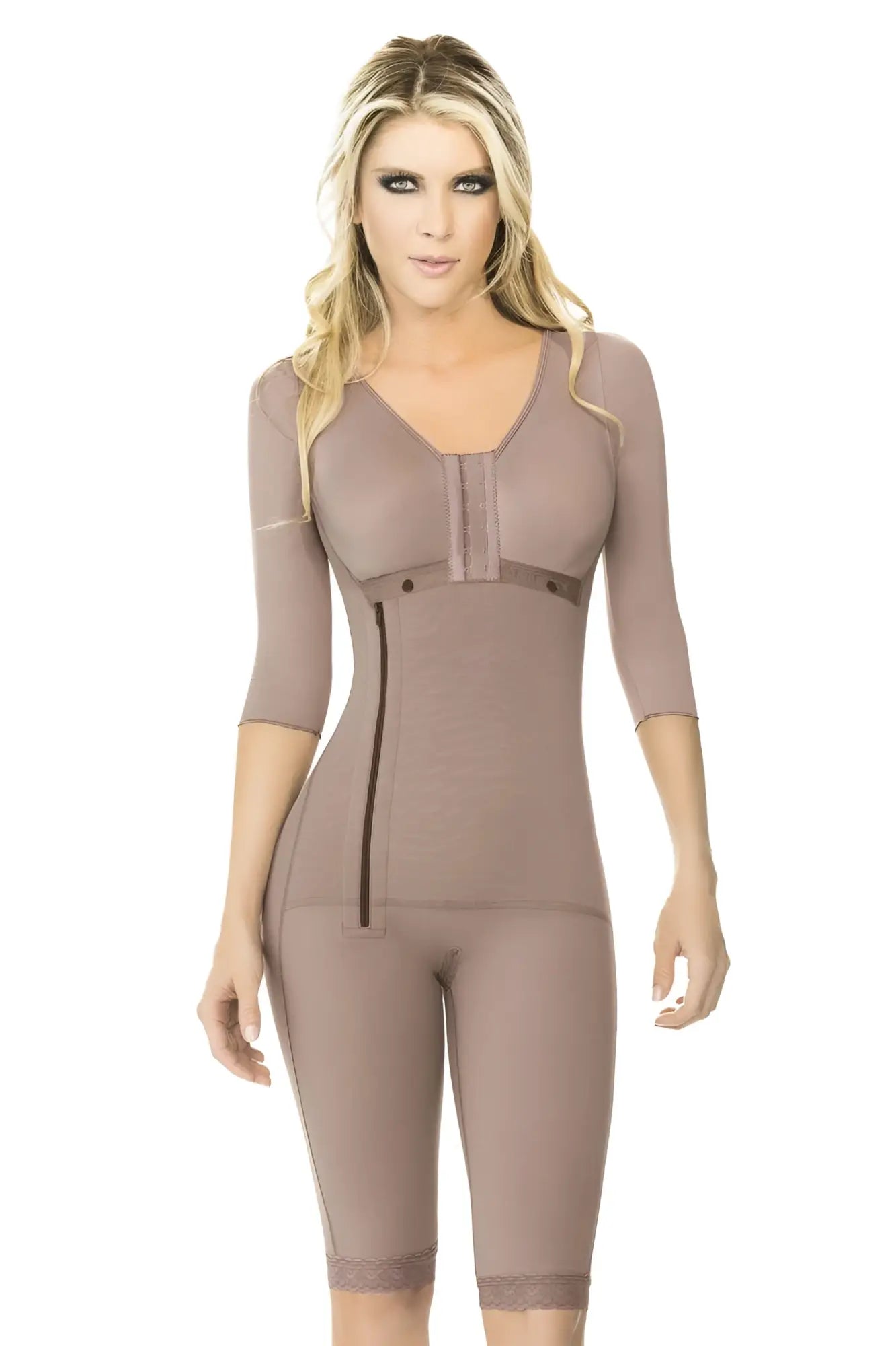 Ann chery 5008 powernet renata shapewear in taupe with three-quarter sleeves lace trim and form-fitting design
