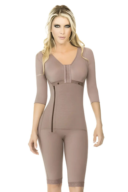 Ann chery 5008 powernet renata shapewear in taupe with three-quarter sleeves lace trim and form-fitting design