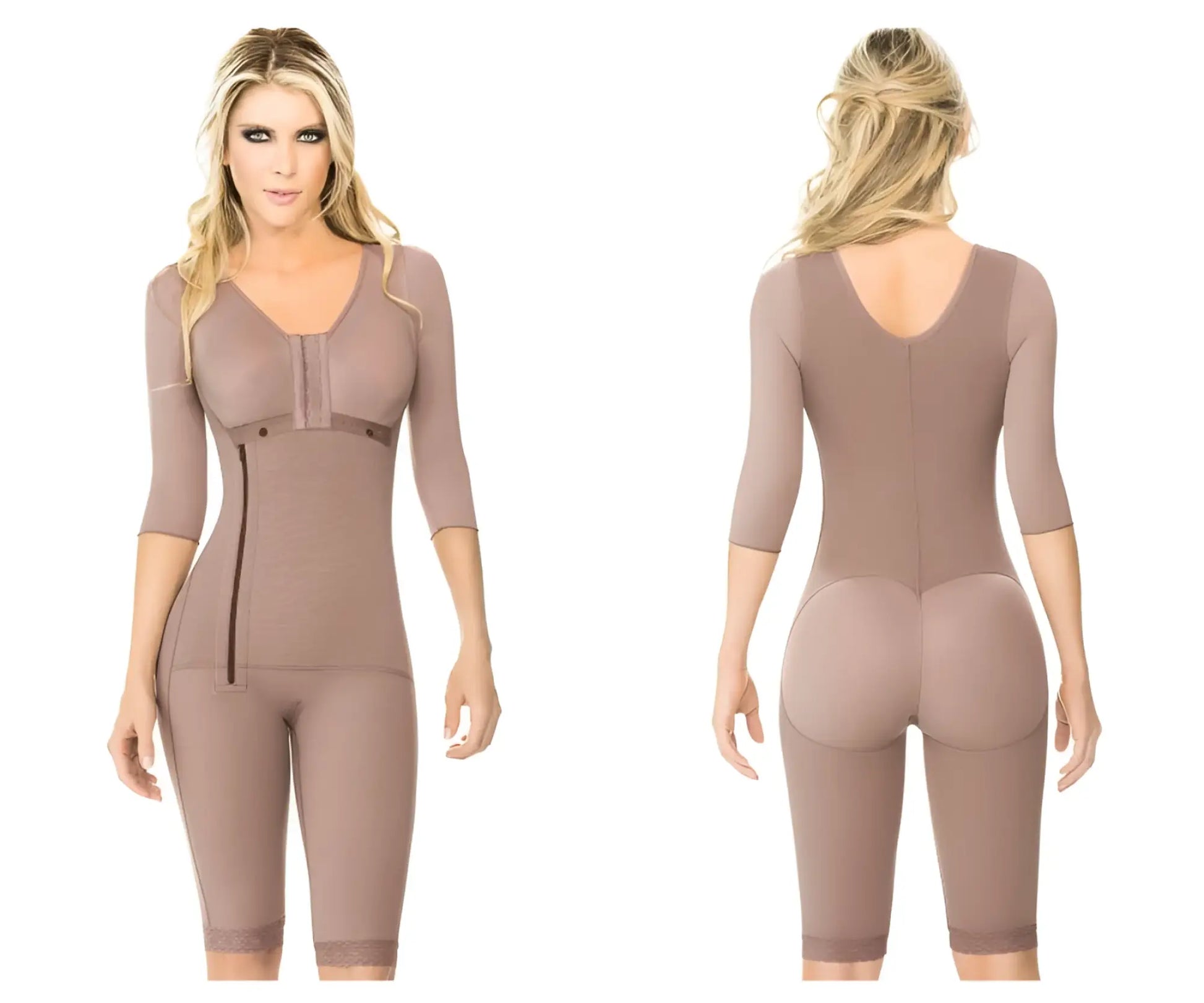 Ann chery 5008 powernet renata shapewear is a taupe-colored form-fitting body shaper with three-quarter sleeves and front zipper closure