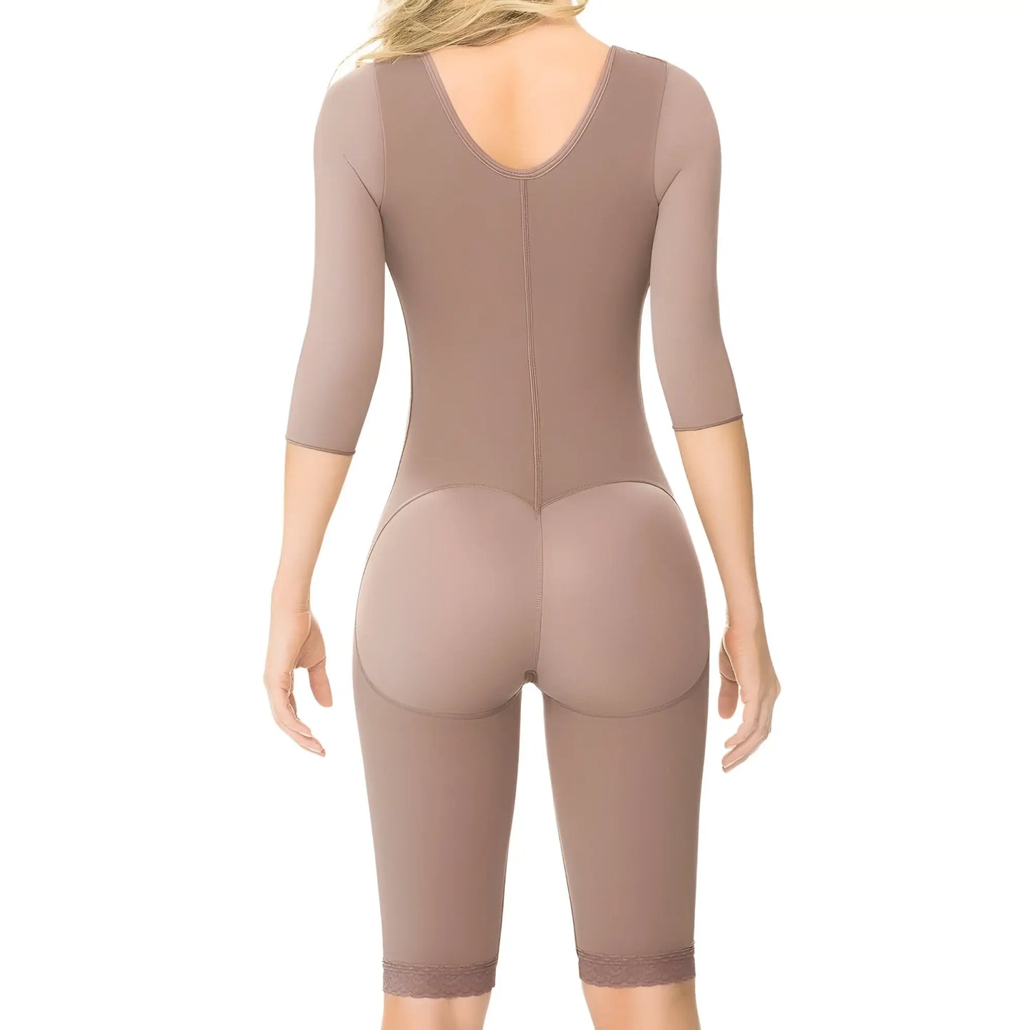 Ann Chery 5008 powernet Renata brown form-fitting body shaper with three-quarter sleeves and lace trim hem